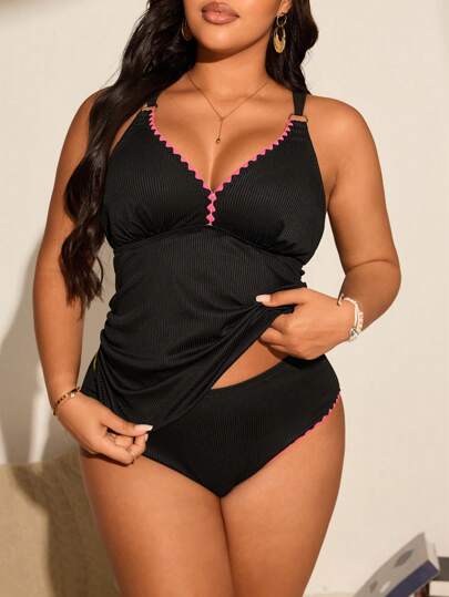 Swim Lushoire مايوه للسيدات البدينات قطعتين من اللون الأسود بحمالات رفيعة وظهر متقاطع مناسب للشاطئ والعطلات