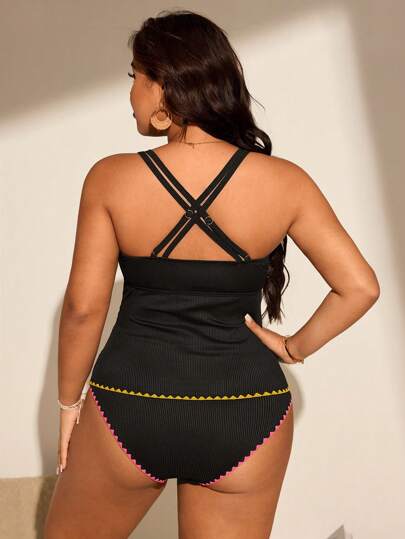 Swim Lushoire مايوه للسيدات البدينات قطعتين من اللون الأسود بحمالات رفيعة وظهر متقاطع مناسب للشاطئ والعطلات
