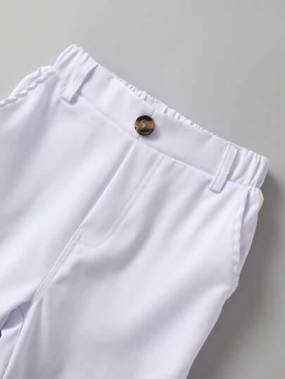 SHEIN سراويل كاجوال لصبي لون أحادي بزر واحد للديكور، جيوب مائلة، تصميم خصر مطاطي، مناسب للارتداء اليومي، السفر، الحفلات، العطلات، موضة متنوعة