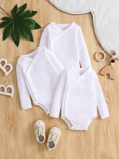 SHEIN طقم بدلة رضيع بنات/أولاد 3 قطع/مجموعة لون أبيض أحادي اللون مع إغلاق أمامي بأزرار، أكمام طويلة، مريحة وأنيقة