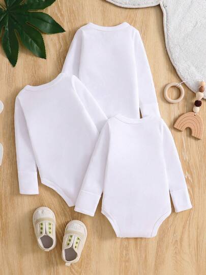 SHEIN طقم بدلة رضيع بنات/أولاد 3 قطع/مجموعة لون أبيض أحادي اللون مع إغلاق أمامي بأزرار، أكمام طويلة، مريحة وأنيقة