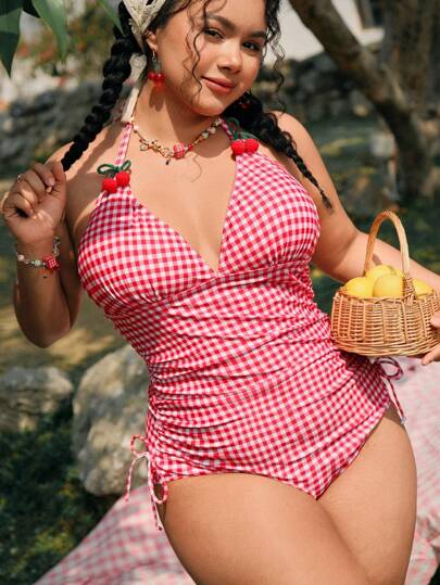 Swim Mod بذلة سباحة بنمط الكرز ذات حمالات رفيعة وحول الرقبة للسيدات البدينات، بأسلوب عادي للعطلات