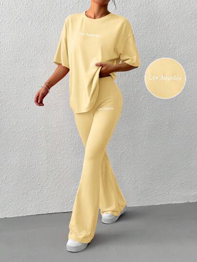 طقم حريمي قطعتين EZwear مجموعة تي شيرت بأكمام قصيرة وبنطال ذو تصميم واسع قطعتين، بتطريز حرفي مناسب للصيف والإطلالة اليومية