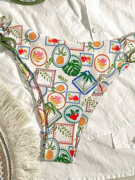Bikinx مجموعة بيكيني بتصميم طباعة عطلة نسائية مع حمالة سلكية وشراشيب وأربطة