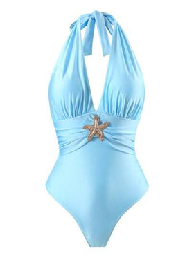 Swim Oasis بيكيني من قطعة واحدة أنيق من قماش لامع أزرق فاتح مزين بنجمة البحر، تنورة شاطئ، موسم الصيف