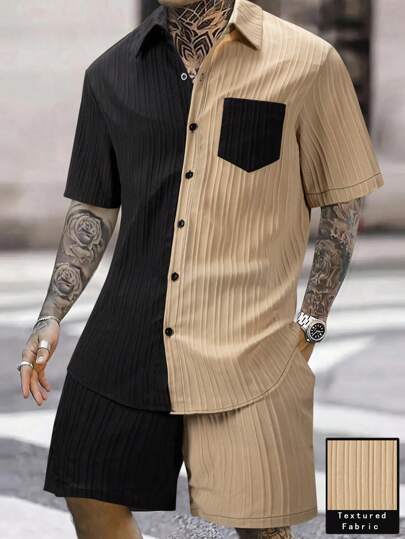 Manfinity Swimmode طقم قميص أكمام قصيرة وشورت قصير ملون للرجال ، طرطور السباحة للرجال من نسيج مضلل ، شورت سباحة هاواي للرجال