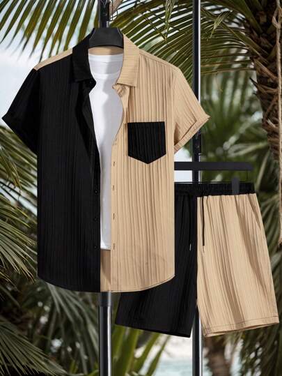 Manfinity Swimmode طقم قميص أكمام قصيرة وشورت قصير ملون للرجال ، طرطور السباحة للرجال من نسيج مضلل ، شورت سباحة هاواي للرجال