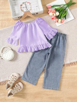 girls-sets Genkimix Kids 2 قطعة/طقم للبنات المراهقات، بلوزة كتف مكشكشة حلوة وبنطال جينز مرصع بالراين، مناسبة للارتداء اليومي الصيفي