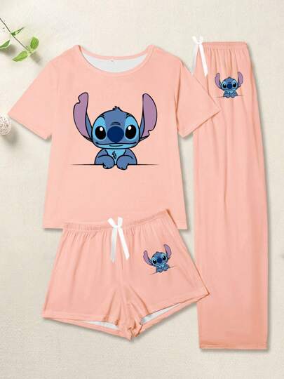 Disney طقم نوم Disney Stitch المرخص عليه 3 قطع، طباعة كرتونية جذابة على التيشيرت قصير الأكمام والبنطلون، مجموعة ملابس منزلية من القماش المحبوك - أنيقة، رومانسية، كاجوال، غير متماثلة، مناسبة للشباب الكاجوال
