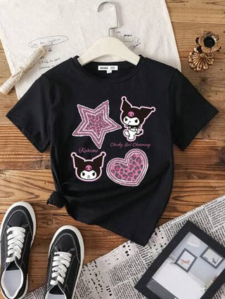 تيشيرتات بناتي HELLO KITTY AND FRIENDS |  تيشيرت كاجوال بأكمام قصيرة وياقة مستديرة للفتيات المراهقات مزخرف برسومات كرتونية وقلوب للصيف