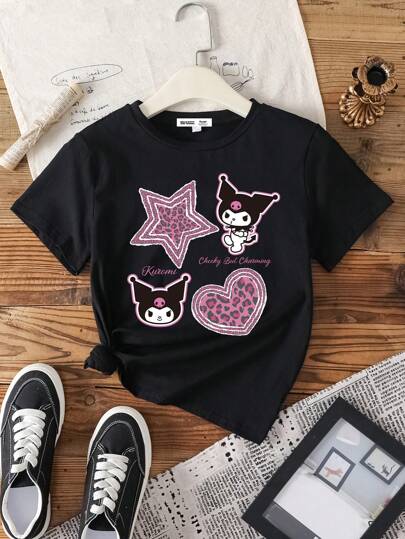 تيشيرتات بناتي HELLO KITTY AND FRIENDS |  تيشيرت كاجوال بأكمام قصيرة وياقة مستديرة للفتيات المراهقات مزخرف برسومات كرتونية وقلوب للصيف