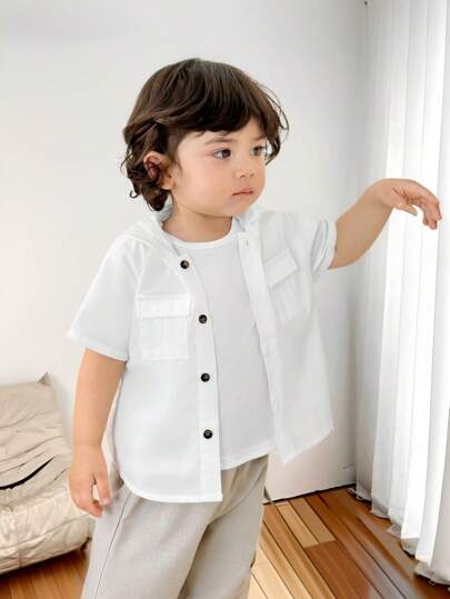 SHEIN زرار جيب قصير الأكمام مزين كارديجان أبيض للأطفال الرضع والصغار دون تحديد الجنس، مناسب للصيف، الرياضة، المنزل، الخارج، المدرسة