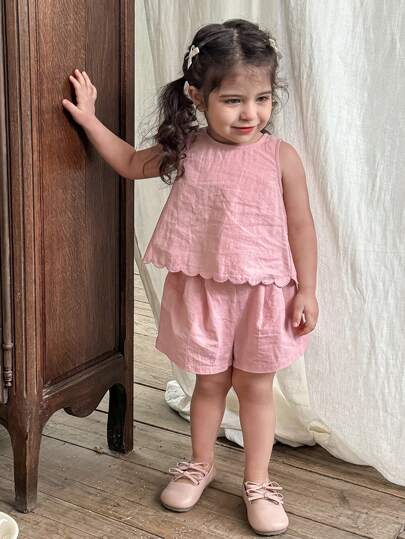 مجموعة ملابس علوية وشورت ملون عادي لطفلة بيبي بياقة مستديرة، مكون من قطعتين