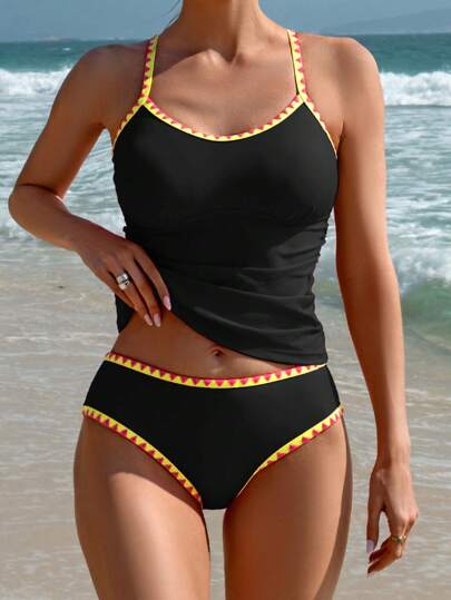 طقم تانكيني حريمي Swim Lushoire طقم بدلة سباحة تانكيني مطبوع باللون القاتم مع شريط ملون للنساء لاستخدام في الشاطئ والعطلات