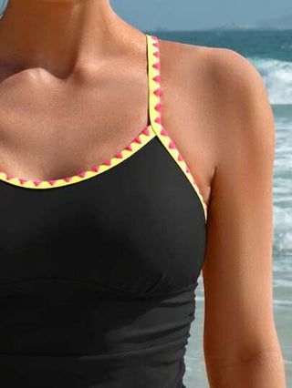 طقم تانكيني حريمي Swim Lushoire طقم بدلة سباحة تانكيني مطبوع باللون القاتم مع شريط ملون للنساء لاستخدام في الشاطئ والعطلات