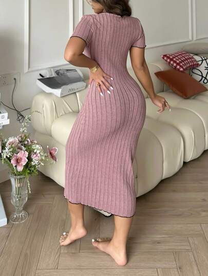 SHEIN فستان مضلع من النسيج المحبوك الأنيق بتباين الألوان مع ربطة عنق، فستان منزلي للنساء ذو ربطة عنق