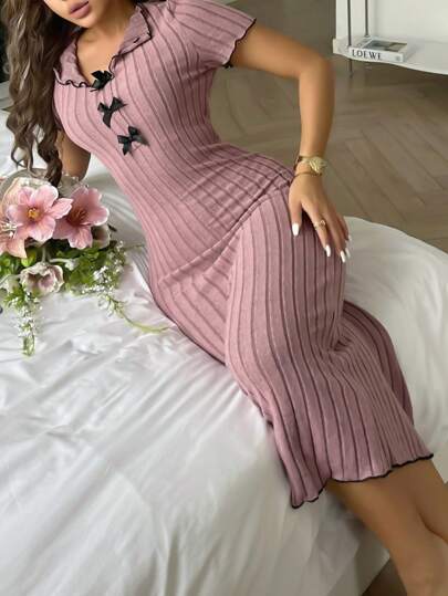 SHEIN فستان مضلع من النسيج المحبوك الأنيق بتباين الألوان مع ربطة عنق، فستان منزلي للنساء ذو ربطة عنق