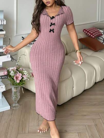 SHEIN فستان مضلع من النسيج المحبوك الأنيق بتباين الألوان مع ربطة عنق، فستان منزلي للنساء ذو ربطة عنق