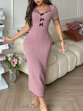 SHEIN فستان مضلع من النسيج المحبوك الأنيق بتباين الألوان مع ربطة عنق، فستان منزلي للنساء ذو ربطة عنق
