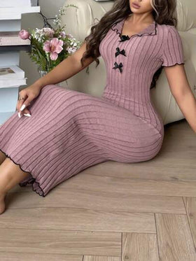 SHEIN فستان مضلع من النسيج المحبوك الأنيق بتباين الألوان مع ربطة عنق، فستان منزلي للنساء ذو ربطة عنق