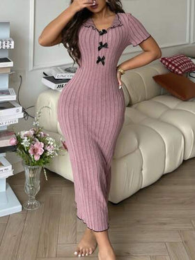 SHEIN فستان مضلع من النسيج المحبوك الأنيق بتباين الألوان مع ربطة عنق، فستان منزلي للنساء ذو ربطة عنق