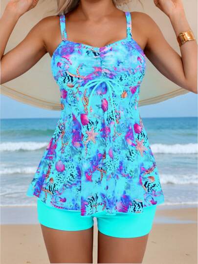 طقم تانكيني حريمي Swim Lushoire طقم من 2 قطعة للنساء، ملابس علوية أساسية ومطبوعة وبيكيني للسباحة، بدلة شاطئية