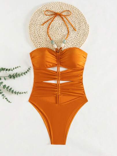 Swim Vcay بدلة سباحة نسائية بخيط شريطي ظهر عاري وخرزات، من خامة لامعة مناسبة للشاطئ والعطلات الصيفية