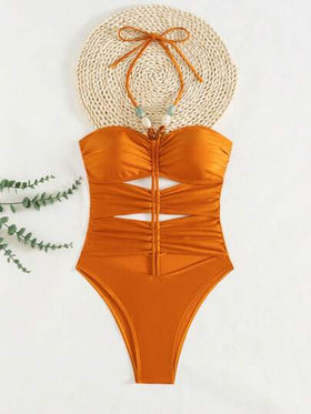 Swim Vcay بدلة سباحة نسائية بخيط شريطي ظهر عاري وخرزات، من خامة لامعة مناسبة للشاطئ والعطلات الصيفية