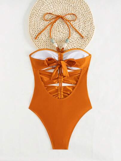 Swim Vcay بدلة سباحة نسائية بخيط شريطي ظهر عاري وخرزات، من خامة لامعة مناسبة للشاطئ والعطلات الصيفية
