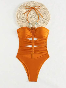 Swim Vcay بدلة سباحة نسائية بخيط شريطي ظهر عاري وخرزات، من خامة لامعة مناسبة للشاطئ والعطلات الصيفية