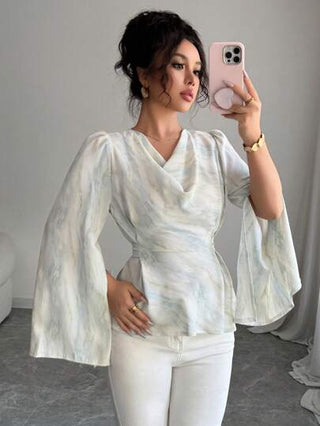 Modelyn العيد بلوزة نسائية آكمام طويلة بأساور مربوطة قصة فضفاضة بلون بنفسجي