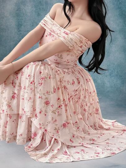 Modelyn العيد فستان ماكسي للنساء من نسيج مطوي وكشكش أنيق بياقة على شكل حرف V مع طبعات زهور أنيقة