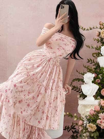 Modelyn العيد فستان ماكسي للنساء من نسيج مطوي وكشكش أنيق بياقة على شكل حرف V مع طبعات زهور أنيقة