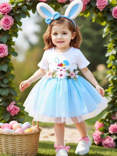 فساتين بيبي Glamorique Kids فستان شبكي بطبعات أزهار وأرنب رمادي للفتيات الصغار، للربيع/الصيف