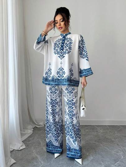 طقم حريمي قطعتين Elenzga مجموعة بلوزة بطباعة زهور نسائية بأكمام 3/4 وبنطلون نسائي مطبوع مع خصر مرن، قطعة واحدة