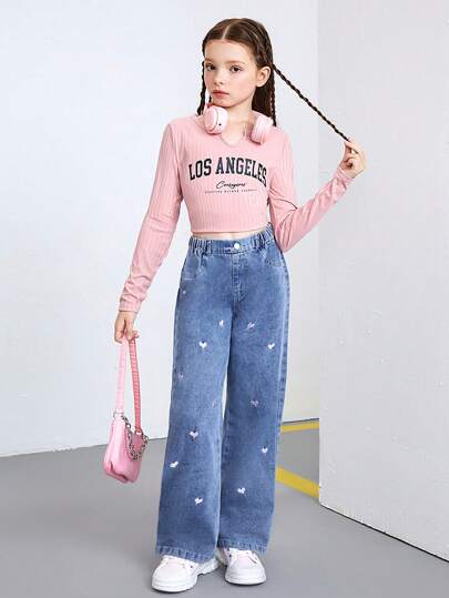 SHEIN بنطال جينز بتطريز قلب، للبنات المراهقات، بتصميم مستقيم الساق، فاتح اللون وفضفاض بأسلوب عصر الألفية الجديدة، مناسب للارتداء اليومي العصري