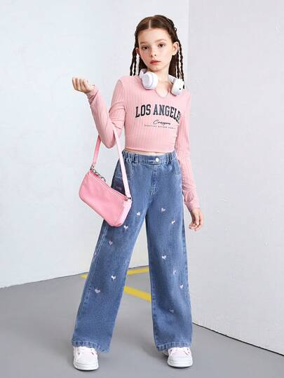 SHEIN بنطال جينز بتطريز قلب، للبنات المراهقات، بتصميم مستقيم الساق، فاتح اللون وفضفاض بأسلوب عصر الألفية الجديدة، مناسب للارتداء اليومي العصري