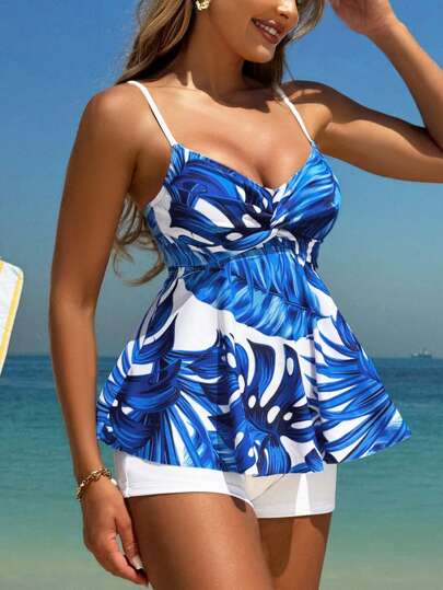 طقم تانكيني حريمي Swim Lushoire خزّان عشوائي الطباعة الزهرية الأنيق وقاع البيكيني ذو اللون السادة للنساء للصيف والعطلات الشاطئية