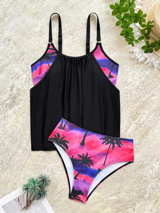 طقم تانكيني حريمي Swim Lushoire 2 طقم بكامل الطقم، ملابس علوية كامي بطبعات وأسفل بقصة مثلثة، بدلة سباحة أنيقة وعصرية
