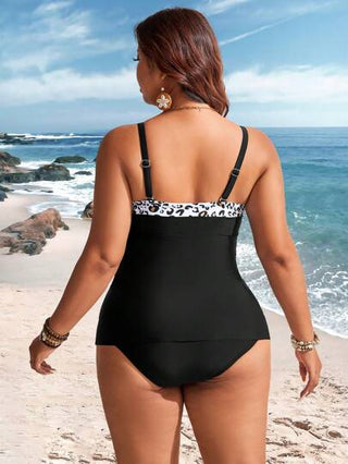 Swim Lushoire مجموعة بدلة سباحة تنك توب بنقشة جلد النمر بأجزاء ملصقة لحجم كبير، للسيدات، للعطلات الصيفية والشاطئ