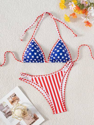 طقم تانكيني حريمي Swim طقم بكيني مطبوع بنقشات نجوم وخطوط للإجازات الشاطئية، عبوة لباس علوي خلف بدون أكتاف ملونة للنساء