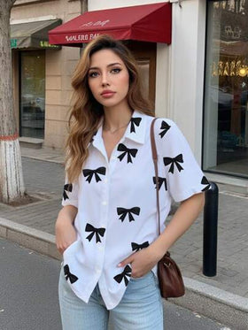 INAWLY بلوزة قصيرة الأكمام طباعة أشكال فراشة عصرية للنساء، صيفي