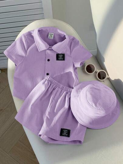 SHEIN 3 قطعة/مجموعة بلوزة قصيرة الأكمام كارديجان مطرزة، وشورت خصر مطاطي، وقبعة للأولاد والبنات الرضع