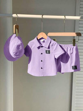SHEIN 3 قطعة/مجموعة بلوزة قصيرة الأكمام كارديجان مطرزة، وشورت خصر مطاطي، وقبعة للأولاد والبنات الرضع