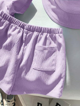 SHEIN 3 قطعة/مجموعة بلوزة قصيرة الأكمام كارديجان مطرزة، وشورت خصر مطاطي، وقبعة للأولاد والبنات الرضع