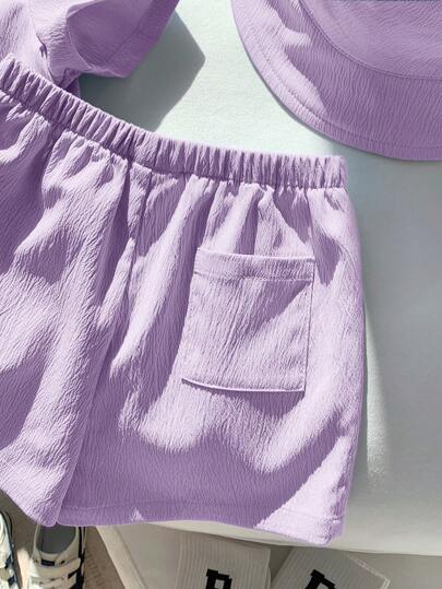SHEIN 3 قطعة/مجموعة بلوزة قصيرة الأكمام كارديجان مطرزة، وشورت خصر مطاطي، وقبعة للأولاد والبنات الرضع