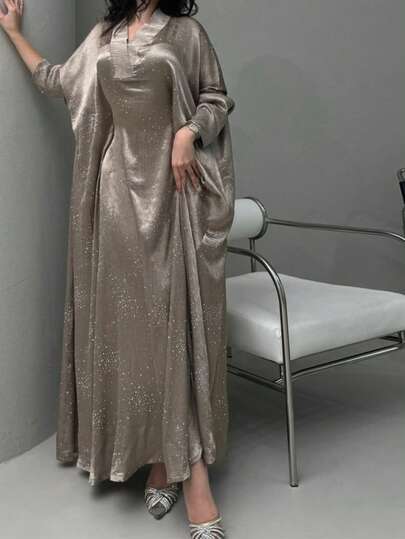 عباءة نسائية شرق أوسطية جديدة مزينة بالراين ستون، رداء طويل قابل للسحب (راين ستون عشوائي)