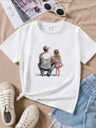 تيشيرتات بناتي تي شيرت أب وابنته قصيرة الأكمام، يد كاجوال ومريحة ذات رقبة دائرية بتصميم طباعة جميل، للصيف
