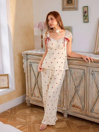 طقم تانكيني حريمي CottageSlumber طقم بيجامة نسائية مزين بالذيل الدانتيل المنقوش والفيونكة مع أزهار الكرز الرومانسية