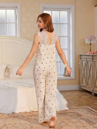 طقم تانكيني حريمي CottageSlumber طقم بيجامة نسائية مزين بالذيل الدانتيل المنقوش والفيونكة مع أزهار الكرز الرومانسية
